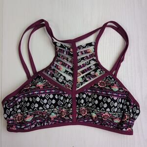 SO Womens M Swim Bikini Top Purple Boho Tribal Print Strappy Back Bralette